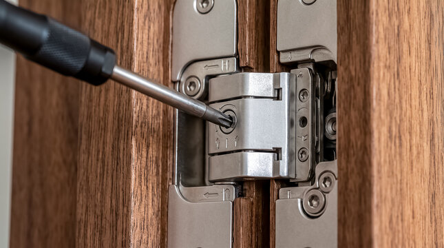 A screwdriver adjusts the alignment screws on a heavy-duty concealed metal door hinge mounted on a wooden frame.