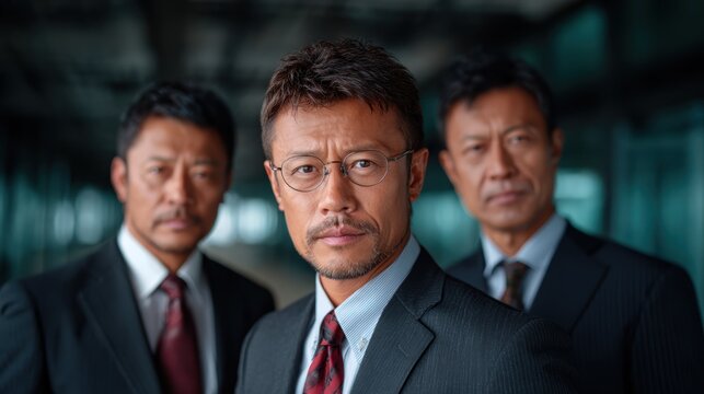 This powerful image captures a trio of serious businessmen in tailored suits, exuding confidence and professionalism in a modern corporate environment, great for business themes.