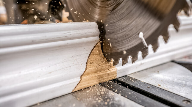 A circular miter saw blade cuts through a white decorative wooden crown molding, creating fine flying sawdust particles.