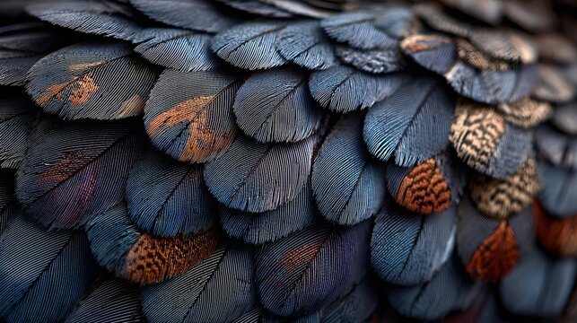 Detailed macro close-up of bird feathers showing intricate barb structure, blue highlights, and natural metallic texture.