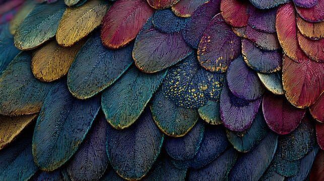 Vibrant macro texture of exotic tropical bird feathers with iridescence in gold, turquoise, purple, and red tones.