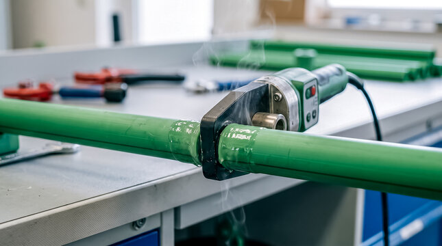 A green plastic PPR water pipe held in a specialized heating clamp tool during a professional pipe fusion process.