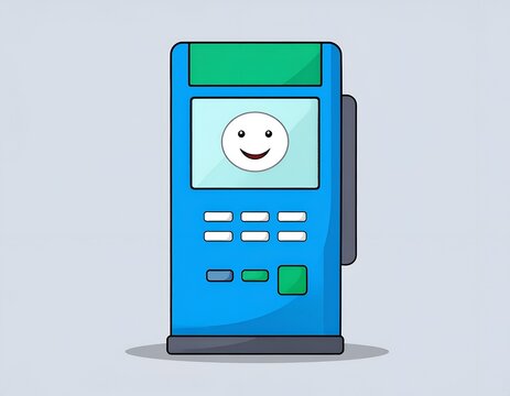 Blue POS Payment Terminal Illustration with a Friendly Smiley Face Screen