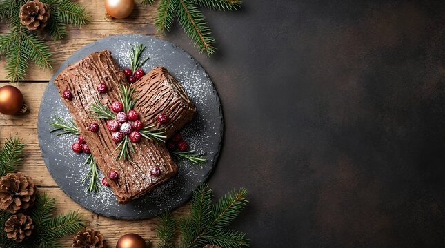 A traditional Christmas yule log cake with chocolate cream cranberry and rosemary twigs on a stone gray background with Christmas tree branches top view with copy space a festive dessert. christmas
