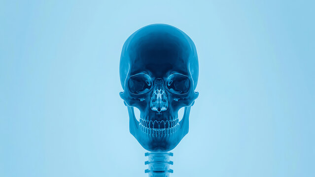 Cyanographic Human Skull X-ray with Vertebrae Detail on Soft Blue Background