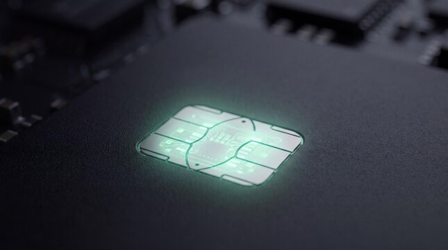 Glowing Microchip: A close-up macro shot of a gleaming microchip with a soft green luminescence, symbolizing advanced technology and digital innovation on a dark, textured background.