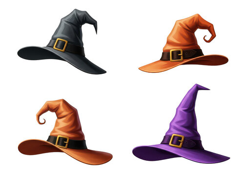 Set of colorful Halloween witch hats isolated on transparent background png