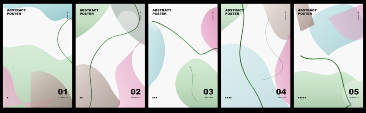 Set of 5 abstract posters with organic shapes, soft pastel colors, and thin green lines. Vector illustration. Set abstract design, set of abstract, set vector.