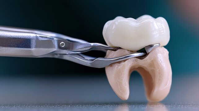 Dental forceps extracting a molar tooth model for oral surgery concept on a dark background with copy space