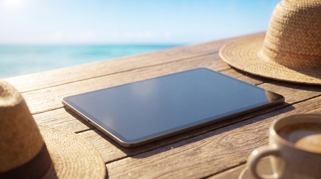Tablets and Hats on the Beach: A tablet computer rests on a weathered wooden table, accompanied by a straw hat and a cup of coffee, with the ocean and blue sky serving as a serene backdrop.