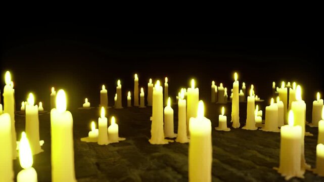 Eerie candlelit setting evokes secret mystical ceremonial atmosphere. Dimly lit altar surrounded by shadows fosters enigmatic and arcane ritual environment