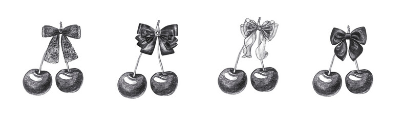 Vintage cherry set with ribbon bows lace and satin fabric knots. Hand drawn black charcoal berry fruit collection isolated on. Realistic detailed monochrome sketch for sweet food decor © Mariia
