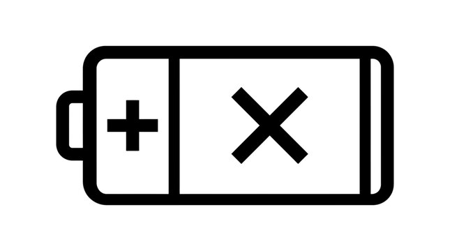 Battery Low Power Icon with Red X Mark, Energy Depleted Symbol