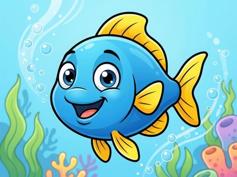 Cute happy blue fish with yellow fins swimming in the ocean underwater with colorful coral reefs and bubbles in a cartoon style