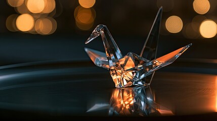 Obraz premium Crystalline origami crane with warm bokeh lights and reflection