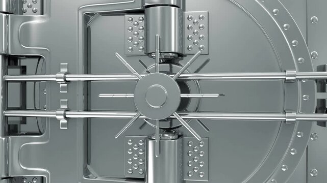 Massive metallic bank vault door rotates and swings open to reveal a bright green chroma key opening in a clean industrial, 3D animation