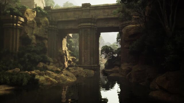 Tranquil water passage through ancient arch, slow current carrying scattered leaves, textured stone columns rising from riverbanks, soft diffused light,