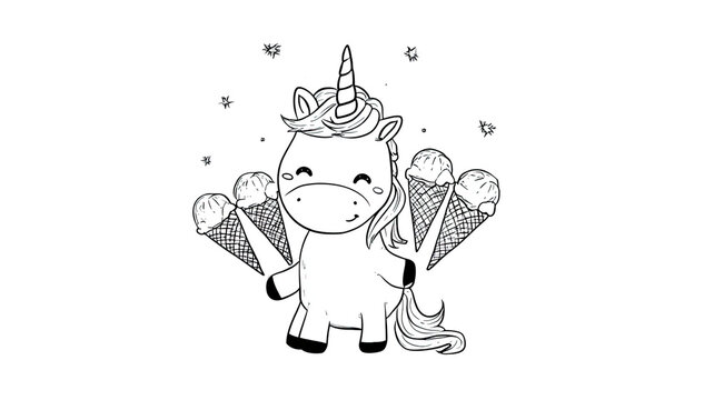 cuite kawaii unicorn character holding multiple ice cones with magical fantasy theme hand drawn cartoon illustration isolated on white background 