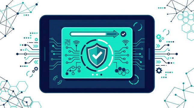A digital display highlighting cybersecurity measures for smart home devices. Attention is on firmware updates and connected technology.