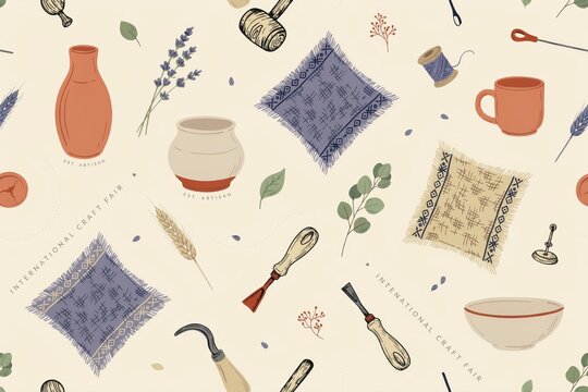 Seamless pattern featuring hand-drawn pottery, craft tools, lavender sprigs, and woven textiles on a light beige background, for artisan crafts