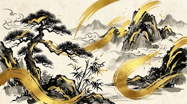 Traditional Chinese Ink Wash Painting of Mountain Landscape with Pine Tree and Golden Swirls