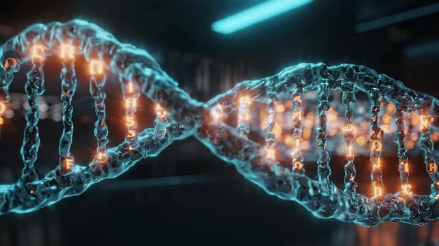 glowing digital dna helix structure with binary code, representing genetic research and scientific discovery