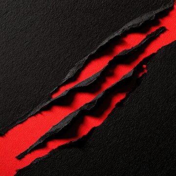Jagged rips expose vibrant red beneath dark, textured surface