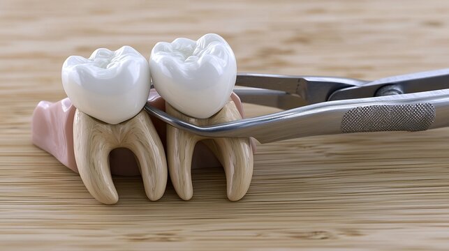 Metal dental forceps removing a tooth from a pink gum model on a wooden surface for surgical training
