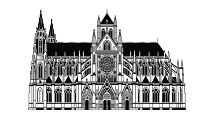 Fototapeta premium Black and white line art illustration of a Gothic cathedral building.