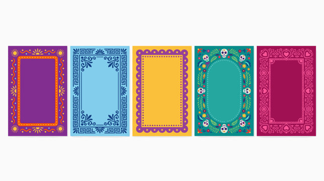 Colorful day of the dead frames and borders with skulls flowers and geometric patterns