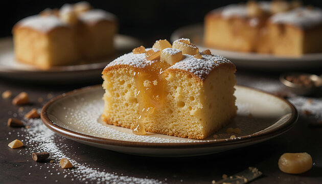 Delicious Sponge Cake Slice Drizzled with Honey and Powdered Sugar Dusting
