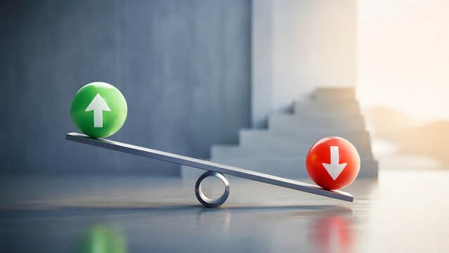 Financial market strategy and investment risk concept balancing green upward and red downward arrow spheres on scale