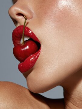 Glossy red lips with cherry stem invitingly held between teeth