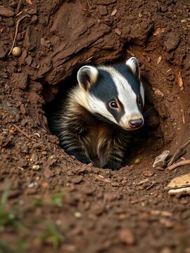 Badger emerges from its cozy burrow, shaking off dirt and debris, exit, animal behavior