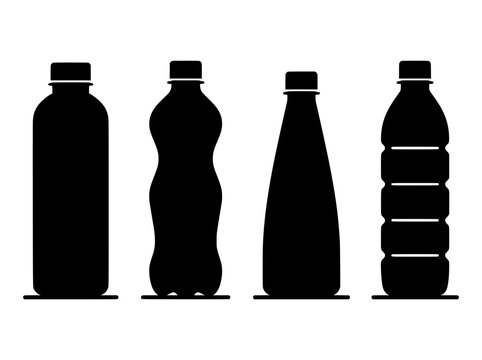 Black plastic bottle silhouette set, 4 beverage container icons for water and soda, minimalist liquid packaging vector collection for recycling and product design