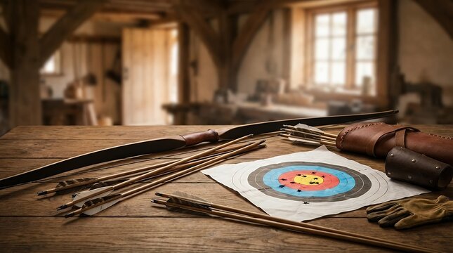 Many arrows shot from a bow scattered on a table next to a target paper showing precision and archery practice results many arrows bow arrows arrow collection target paper shooting target archery