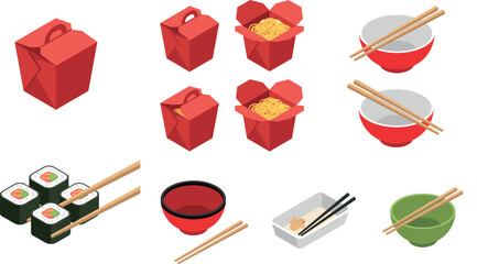 Isometric Asian food vector icon set featuring takeaway noodle boxes maki sushi rolls bowls and wooden chopsticks isolated on white background © MstMursida