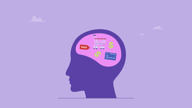 Human head with shopping cart with credit card and sale price tag in his brain. Consumerism, wanting mind or desire to buy and purchasing more, buying therapy or shopping addiction concept.