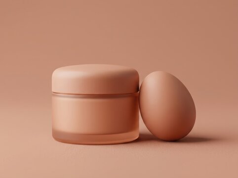 A small glass cosmetic face cream jar placed next to a natural brown egg on a soft warm beige background for skincare concept