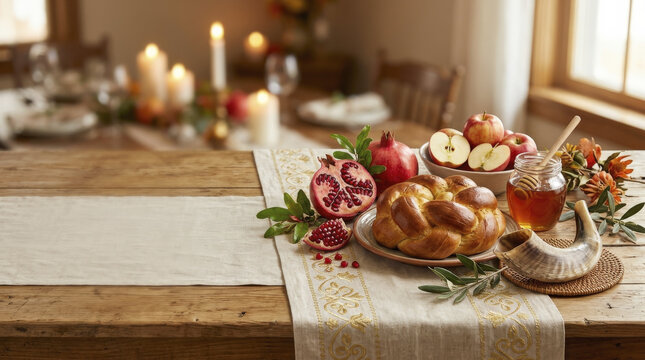 Elegant Rosh Hashanah Dinner Table Setting with Challah, Honey, Apples, Shofar, and Lit Candles