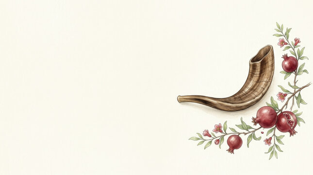 Watercolor Shofar Illustration with Pomegranates and Floral Accents for Jewish New Year Celebrations