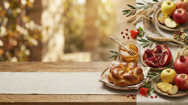 Rosh Hashanah Autumn Feast: Challah, Apples, Honey, and Shofar on Rustic Table with Blurry Fall Background