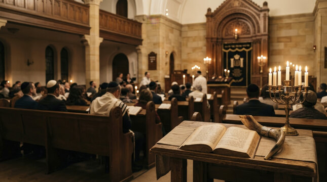 Reverent Rosh Hashanah Synagogue Service with Shofar and Holy Book on Wooden Table.