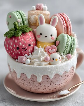 Luxury kawaii clay illustration, adorable bunny and chick inside a giant strawberry dessert bowl, surrounded by macarons, whipped cream.
