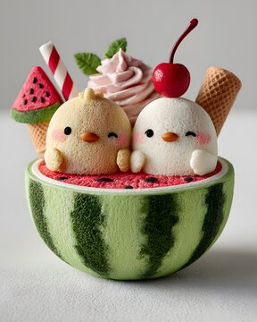 Cute kawaii clay art illustration of two adorable baby chicks sitting inside a watermelon bowl, smiling faces, pastel colors.