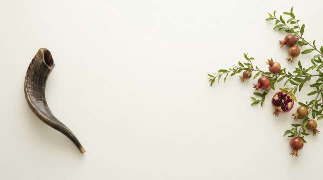 Rosh Hashanah Shofar and Pomegranate Branch on Clean Background, Symbolizing Jewish New Year and Abundance.