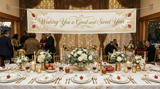 Elegant Rosh Hashanah Seder Table with "Wishing You A Good and Sweet Year" Banner.
