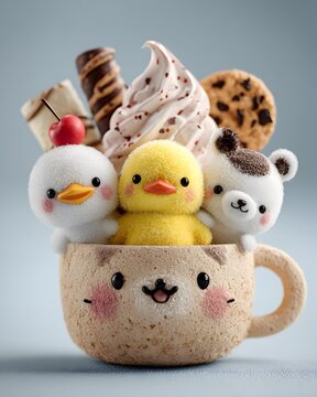 Adorable kawaii clay characters inside a giant ice cream cup, smiling ducklings, candy sprinkles, cherries, cookies, pastel whipped cream.