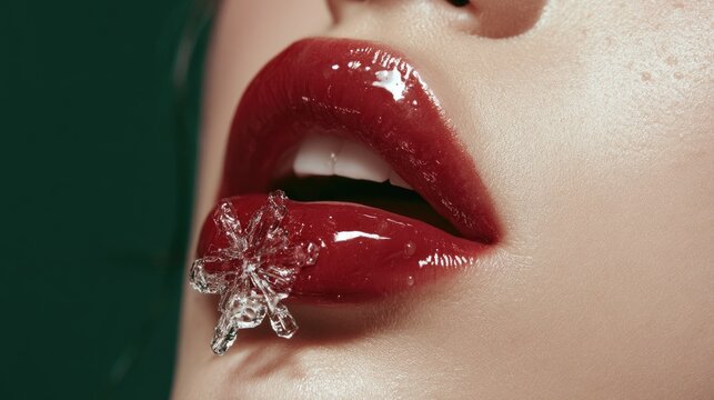 Glossy red lips with a crystal snowflake resting on the lower lip