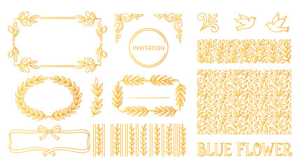 Set of gold wedding frames, leaves borders, floral dividers, and invitation templates. © jubayer71